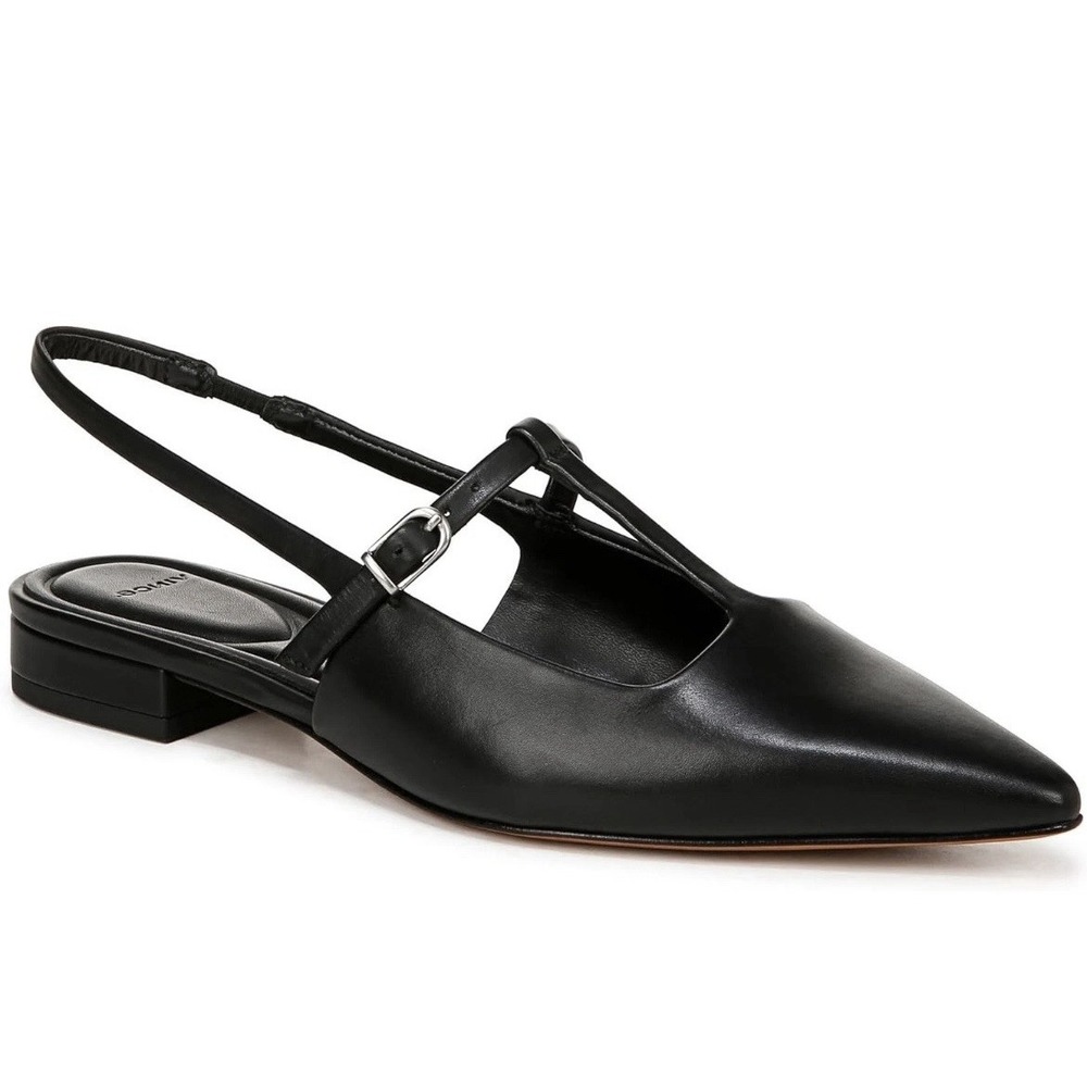 New VINCE Sz 6M Iliana Slingbacks Black Flats T-Strap Leather French Girl NWOB